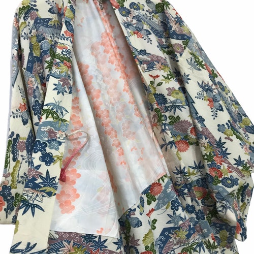 10% OFF Made in Japan Vintage Haori Silk Japanese Florals Patterns Drawstrings authentic Kimono Robe Light Jacket Handmade Sashiko