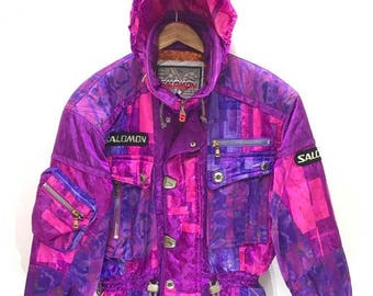 スキー Salomon Vintage Ski Jacket Rare Design Vintage Salomon Insulated Ski Jacket Winter Wear Multicolor Jacket