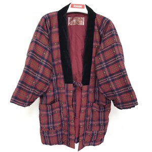 Made in Japan Vintage Hanten Jacket Padding Kasuri Striped Checked Tartan Plaid  Drawstring Kimono Warm Winter Jacket