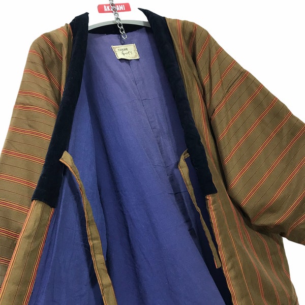 Made in Japan Vintage Hanten Jacket Padding Wadded Brown Striped Pattern Drawstring Kimono Robe Warm Winter Jacket