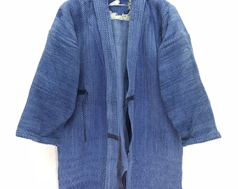 Made in Japan Vintage Kendo Jacket Indigo Blue Woven Cotton Faded Distressed Destroyed Japanese Boro Ninja Style Kimono Light Jacket