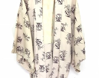 Made in Japan Vintage Cream Haori Silk Light Jacket Asian Floral Padi All Over Printed Kimono Light Jacket Hand Made Sashiko Jacket