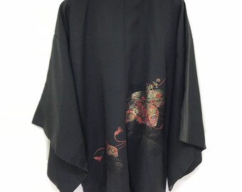 Made in Japan Vintage Black Haori Silk Light Jacket Asian Floral Brocade Embroidery Drawstring Kimono Light Jacket Hand Made Sashiko Stitch