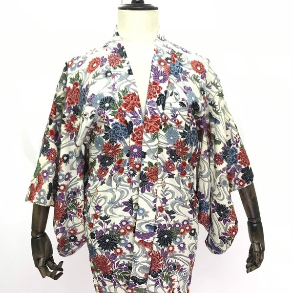 Made in Japan Vintage Haori Silk Light Jacket Fullprinted Asian Florals Drawstrings Kimono Light Jacket Hand Made Sashiko Stitch