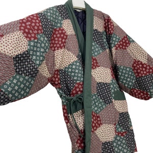 Hecho en Japón Vintage Hanten chaqueta multicolor acolchado wadded patrón floral completo cordón kimono bata cálida chaqueta de invierno
