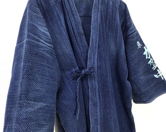 Made in Japan Vintage Kendo Noragi Jacket Indigo Blue Woven Cotton Beauty Faded Japanese Boro Ninja Style Kimono Jacket