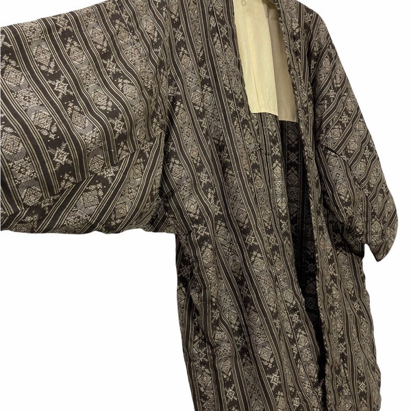 Made in Japan Vintage Hanten Silk Jacket Slight Padding Kasuri Ikat Full Pattern Handmade Kimono Robe Warm Winter Jacket