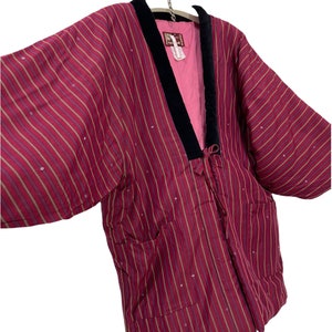 Made in Japan Vintage Hanten Jacket Padding Wadded Striped Kasuri Pattern Drawstring Handmade Kimono Robe Warm Winter Jacket
