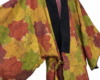Gemaakt in Japan Vintage Haori Twee lagen volledig tapijt Kasuri Ikat Meerkleurige patronen Trekkoorden Kimono Robe Light Jacket Handgemaakte Sashiko