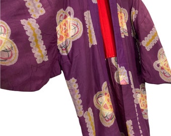 Made in Japan Vintage Hanten Purple Jacket Padding Wadded Kasuri Ikat Florals Pattern Kimono Robe Warm Winter Jacket