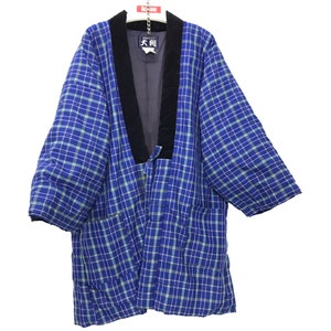 Hecho en Japón Vintage Hanten chaqueta acolchado wadded azul cheque cuadros cordón kimono bata cálida chaqueta de invierno