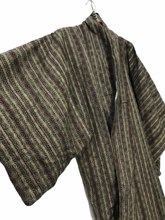 Made in Japan Vintage Kimono Geometric Striped Kimono Robe Jacket Sashiko Stitch Handmade