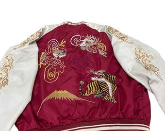Vintage Sukajan Sateen Broderad Drakar Souvenirjacka Japan Militär Andra Världskrigets Minnesbomberjacka