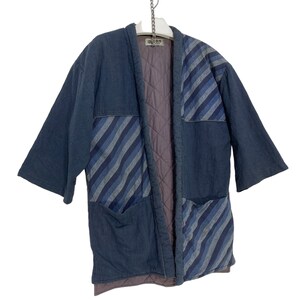 Made in Japan Vintage Hanten Jacke Indigo Blau Polsterung Wattierte Streifenmuster Handgemachte Kimono Robe Warme Gemütliche Jacke