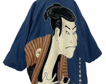 Made in Japan Vintage Hanten Noragi Jacket Padding Wadded Edo Kun Big Printed Drawstring Kimono Robe Warm Winter Jacket
