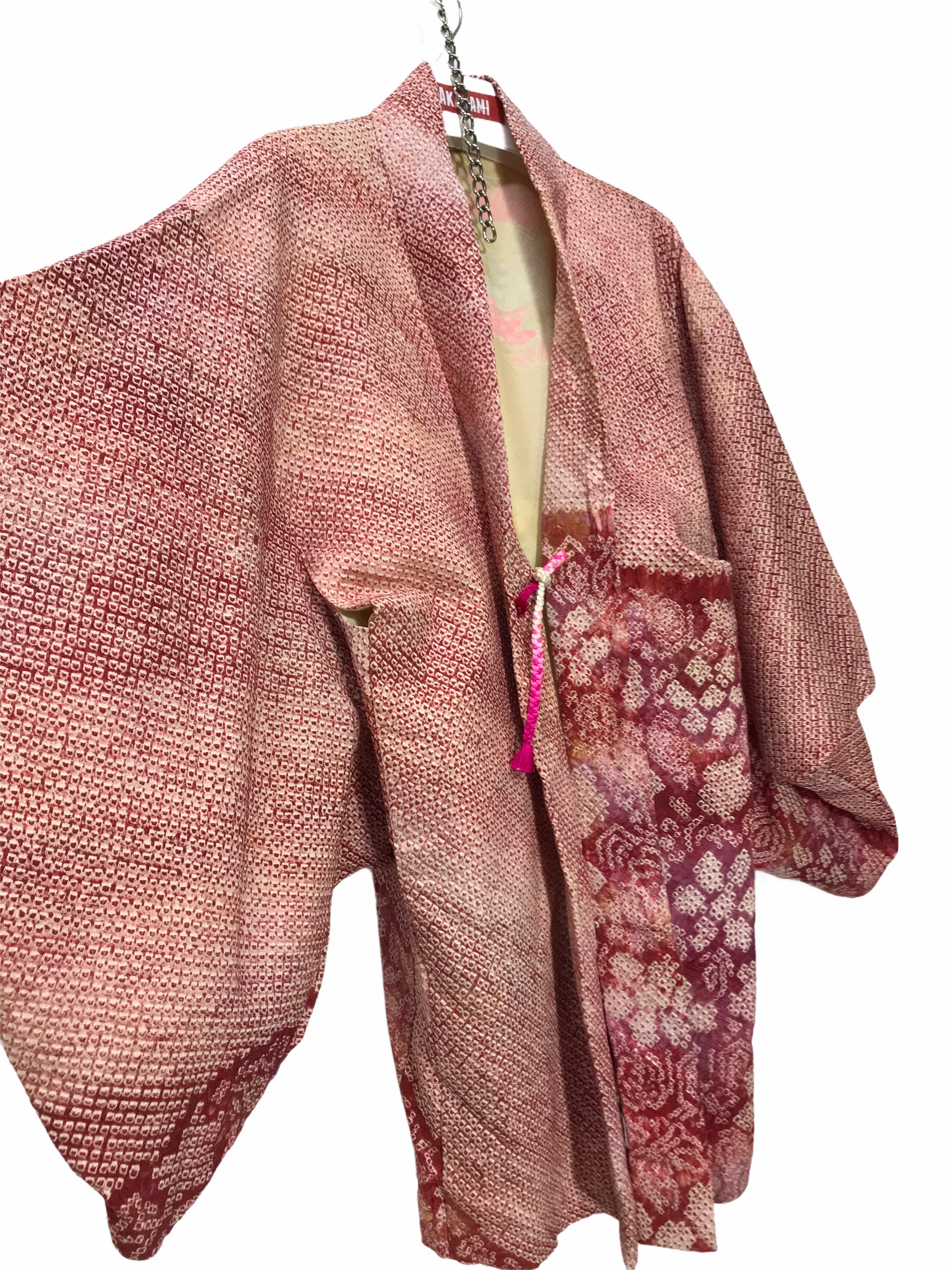 Made in Japan Vintage Haori Shibori Tie Dye Patterns Florals Drawstrings Kimono Robe Light Jacket Handmade Sashiko