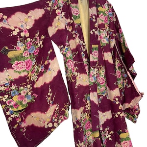 Vintage Showa Silk Kimono Full Florals Yuzen Handpainted Pattern Kimono Robe Light Jacket Sashiko Stitch Handmade