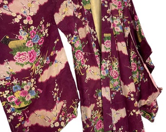 Vintage Showa Silk Kimono Full Florals Yuzen Handpainted Pattern Kimono Robe Light Jacket Sashiko Stitch Handmade