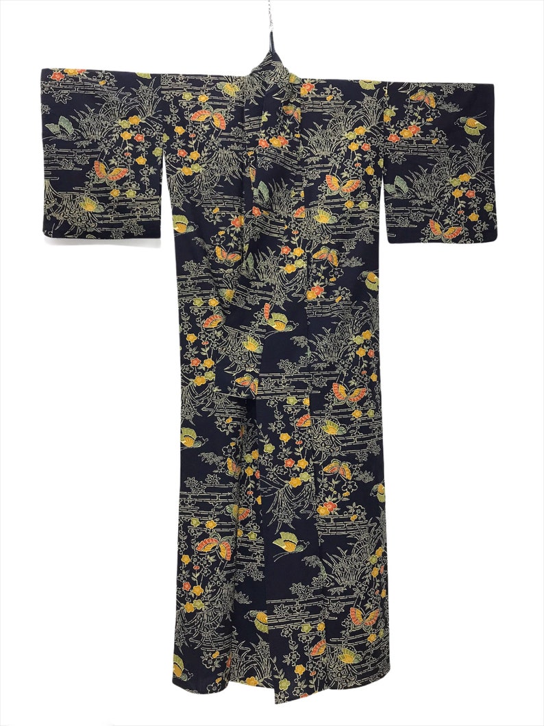 Made in Japan Vintage Kimono Wool Florals Butterflies Kimono Robe Light Jacket Sashiko Stitch Handmade