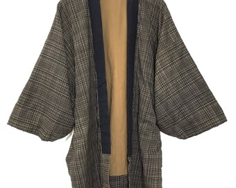Made in Japan Vintage Hanten Kimono Check Plaid Kimono Robe Light Jacket Sashiko Stitch Handmade