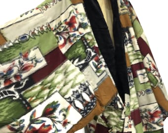 Vintage Dochugi Hanten Silk Jacket Padding Wadded Multicolour Brocade Kasuri Ikat Florals Handmade Kimono Robe Warm Winter Jacket