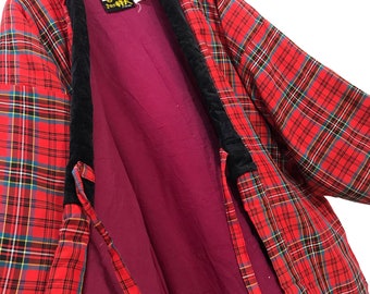 Made in Japan Vintage Hanten Jacket Padding Wadded Check Plaid Drawstring Kimono Robe Warm Winter Jacket