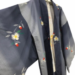 Made in Japan Vintage Haori Wool Kimono Florals Kasuri Ikat Pattern Drawstrings Kimono Robe Light Jacket Hand Made Sashiko Stitch