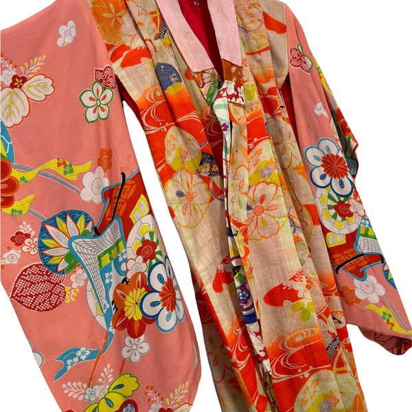 Made in Japan Vintage Old Child Kimono Hybrid Wool Silk Florals Kimono Light Jacket Hand Made Sashiko Stitch