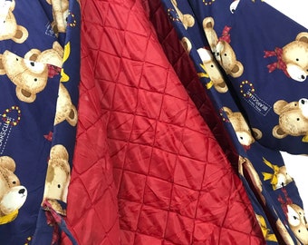 Made in Japan Vintage Hanten Jacket Padding Wadded Fullprinted Bears Drawstring Kimono Robe Warm Winter Jacket