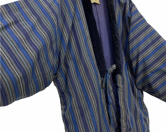 Made in Japan Vintage Hanten Jacket Padding Wadded Striped Pattern Handmade Drawstring Kimono Robe Warm Winter Jacket