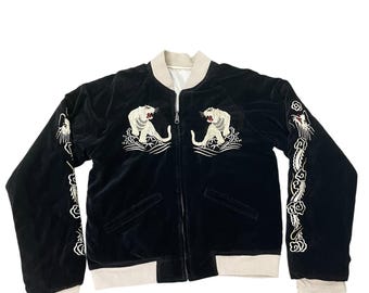 Reversible Vintage Sukajan Velvet Sateen Embroidery White Tigers