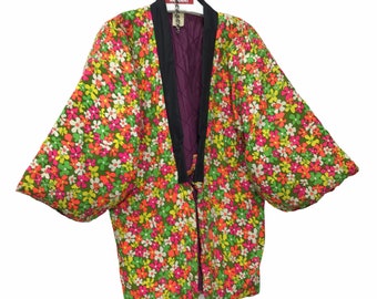 Made in Japan Vintage Hanten Jacket Slight Padding Multicolour Floraks Drawstring Kimono Robe Warm Winter Jacket