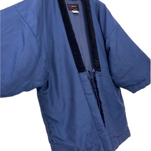 Made in Japan Vintage Hanten Jacket Padding Wadded Blue Full Honeycomb Kasuri Pattern Drawstring Handmade Kimono Robe Warm Winter Jacket