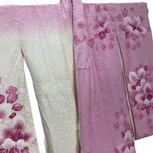 Made in Japan Vintage Silk Kimono Pink Furisode Florals Kimono Robe Light Jacket Sashiko Stitch Handmade
