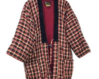 Made in Japan Vintage Hanten Jacket Padding Wadded Check Plaid Kasuri Drawstring Kimono Robe Warm Winter Jacket
