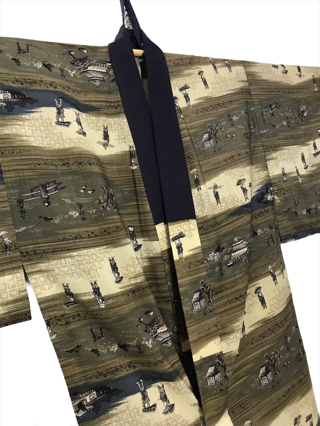 Made in Japan Vintage Juban Kimono Wool Old Edo Farmers Fullprinted Kimono Robe Light Jacket