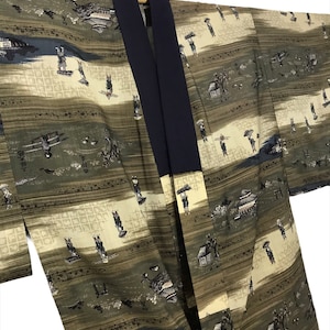 Made in Japan Vintage Juban Kimono Wool Old Edo Farmers Fullprinted Kimono Robe Light Jacket Sashiko Stitch Handmade
