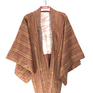 Made in Japan Vintage Haori Light Jacket No Drawstrings Striped Kimono Robe Hand Made Sashiko Stitch
