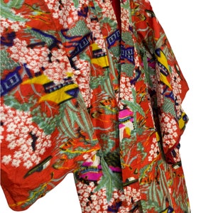 Made in Japan Vintage Kimono Silk Meisen Full Art Abstract Kasuri Ikat Florals Pattern Kimono Robe Jacket Sashiko Stitch Handmade