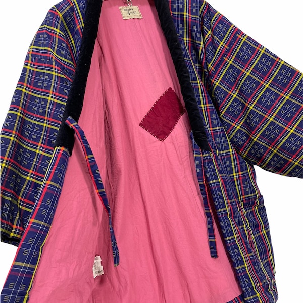 Made in Japan Vintage Hanten Jacket Padding Wadded Check Kasuri Ikat Pattern Drawstring Kimono Robe Warm Winter Jacket
