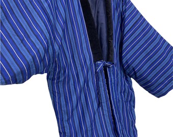 Made in Japan Hanten Jacket Padding Wadded Striped Blue Pattern Drawstring Kimono Robe Warm Winter Jacket