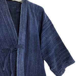 Made in Japan Vintage Japan Traditional Kendo Noragi Jacket Beauty Faded Indigo Blue Disstressed Boro Woven Cotton Kimono Robe Light Jacket