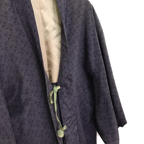 Made in Japan Vintage Haori Silk Jacket Sakura Floral Drawstring Kimono Robe Light Jacket Sashiko Stitch Handmade