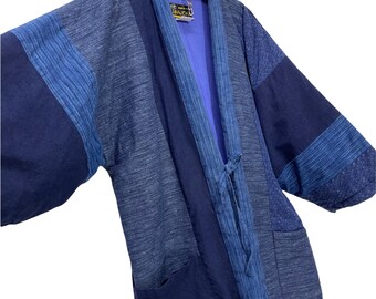 Made in Japan Hanten Jacket Padding Wadded Patchwork Pinstriped Blue Pattern Drawstring Kimono Robe Warm Winter Jacket