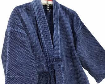 Made in Japan Vintage Kendo Noragi Jacket Indigo Blue Woven Cotton Beauty Faded Japanese Boro Ninja Style Kimono Jacket