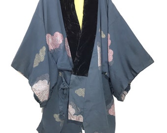 Made in Japan Vintage Hanten Silk Jacket Padding Brocade Tapestry Japanese Patterns Drawstring Kimono Robe Warm Jacket