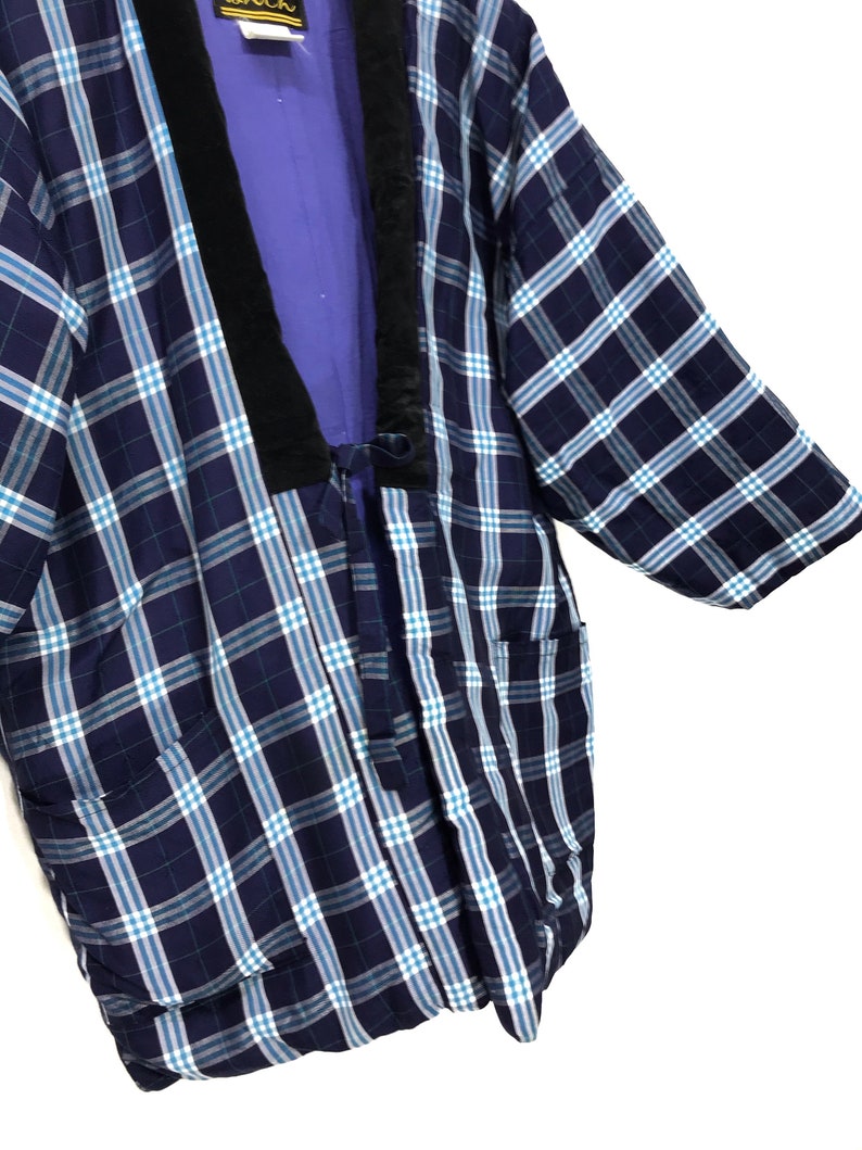Made in Japan Vintage Hanten Jacket Padding Wadded Blue Check Plaid Patterns Drawstring Kimono Robe Warm Winter Jacket image 3
