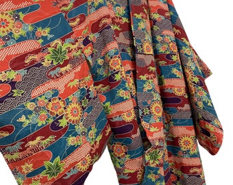Vintage Kimono Silk Full Yuzen Handpainted Florals Pattern Kimono Robe Jacket Sashiko Stitch Handmade