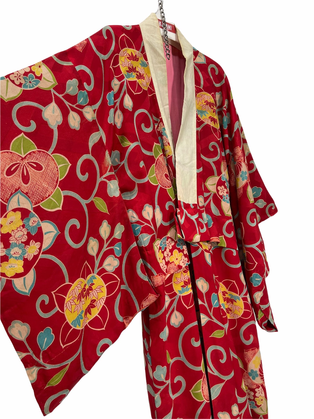 Antique Taisyo Nagajuban Red Silk Kimono Asian Florals Pattern Kimono