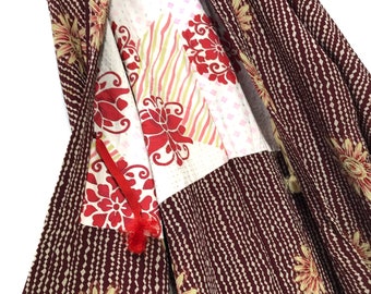 Made in Japan Vintage Haori Kimono Silk Jacket Florals Striped Kimono Robe Light Jacket Sashiko Stitch Handmade